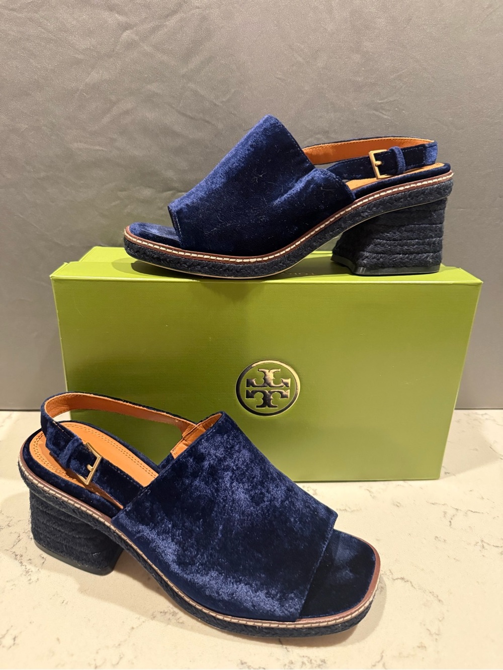Tory Burch Navy Velvet Slingback Block Heel Sandals